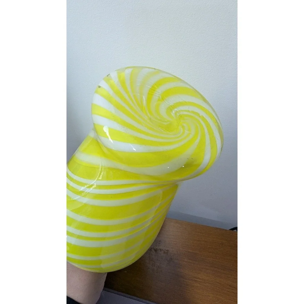 Vintage Yellow White Swirl Art Glass Vase Hand Blown Murano Style 12 Inch Urn
